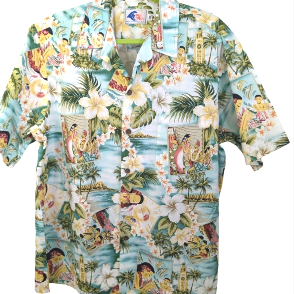 Vintage Nui Nalu Hawaiian Royalty Scenes Aloha Shirt ... Size XL